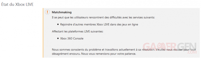 Etat Xbox LIVE matchmaking jeu en ligne perturbee screenshot capture image